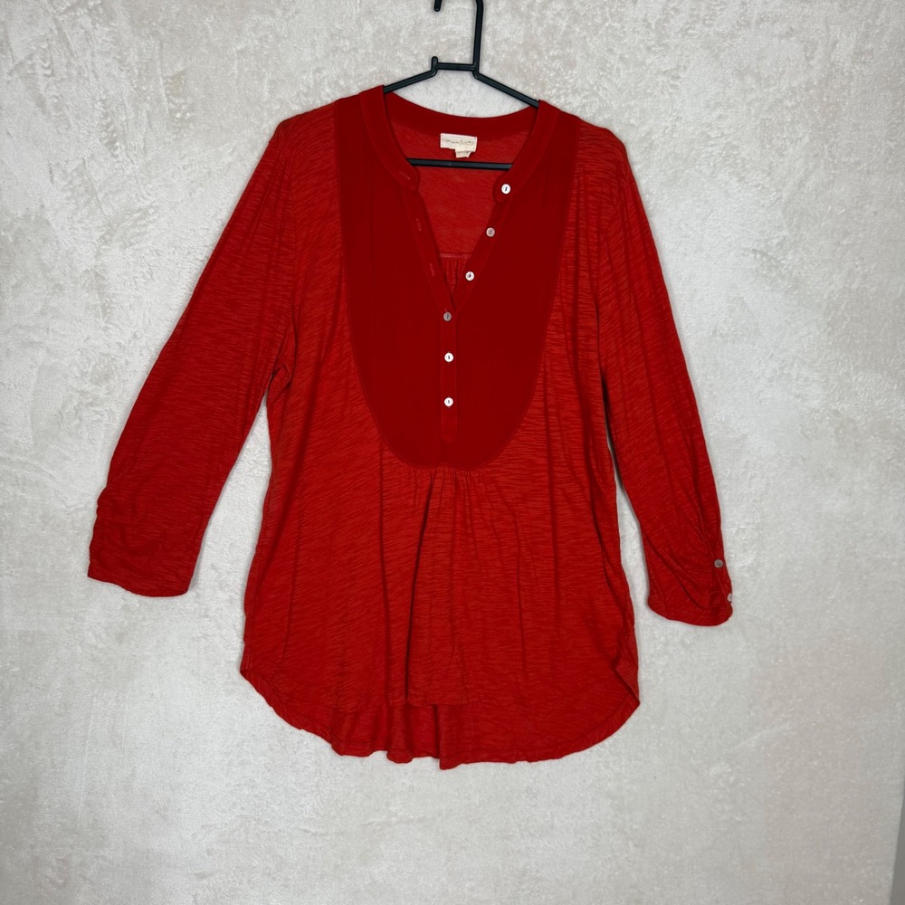 Anthropologie Red Mixed Media Henley Tunic Top Womens M Boho Relaxed Casual Chic